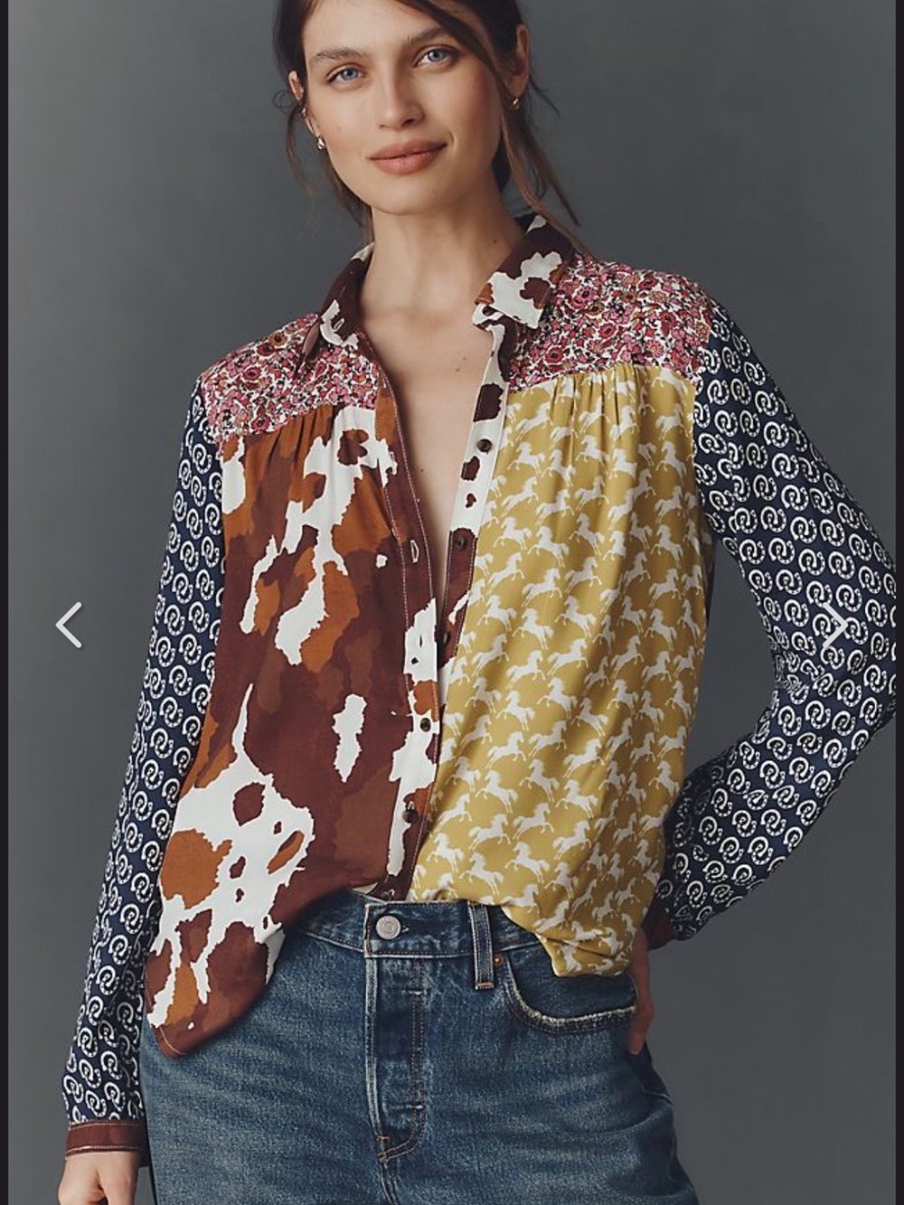 Maeve Anthropologie Paz Button Down Shirt in Mixed Print Patchwork Design L
